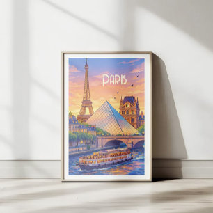 Affiche rétro de voyage à Paris - Tour Eiffel & Lo