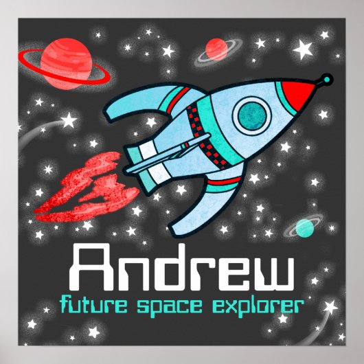 Affiche rouge gris portant le nom de rocket space (Devant)