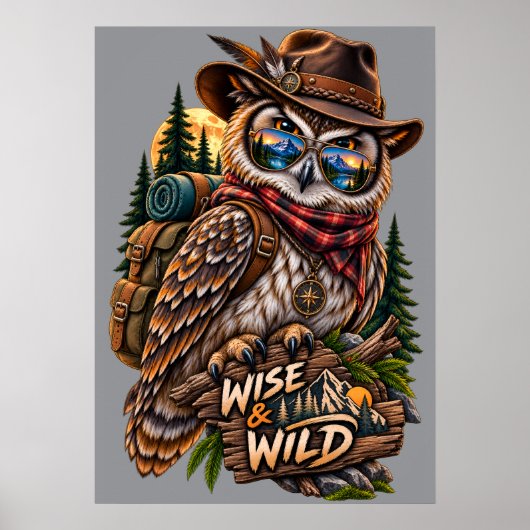 Affiche rustique de randonnée de hibou sage et sau (Devant)