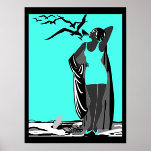 Affiche sarcelle ART DECO FEMME Oiseaux noir blanc
