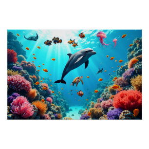 Affiche sur la vie océanique avec dauphin et récif