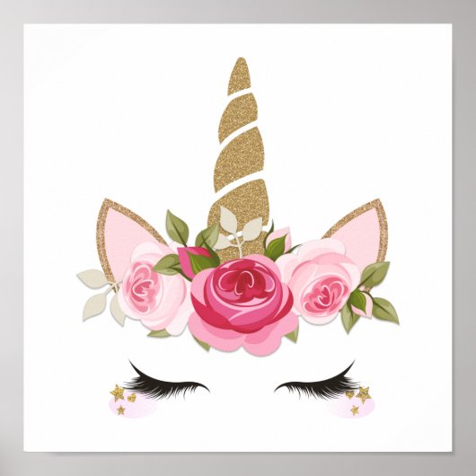 Affiche tendance mignonne licorne dorée florale (Devant)