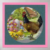 Affiche texturée de Pâques vintage Poule et poussi (Devant)