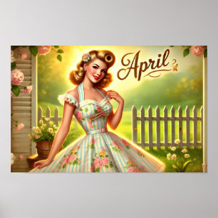Affiche vintage avril pin-up jardin de printemps