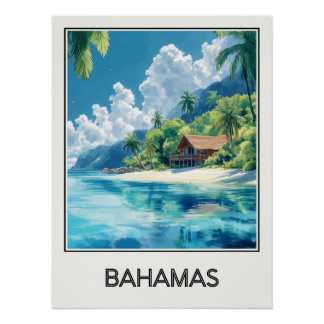 Affiche vintage Bahamas, cabane sur plage tropical