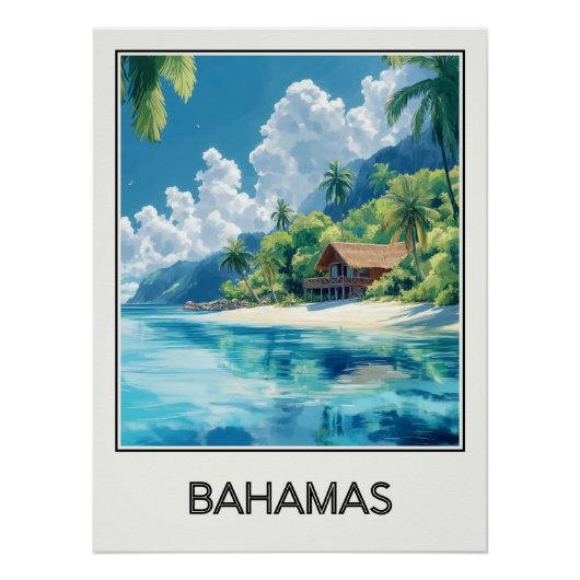 Affiche vintage Bahamas, cabane sur plage tropical (Devant)