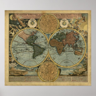 Affiche vintage de carte du monde - carte 1716 du