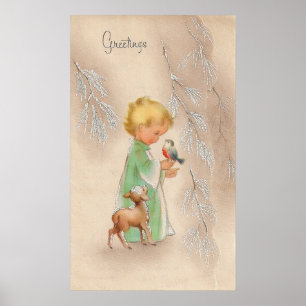 Affiche vintage de vacances d'enfant et de cerfs