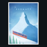 Affiche vintage de voyage à Zermatt<br><div class="desc">Affiche vintage de voyage de ski à la station de sports d'hiver suisse iconique de Zermatt, avec la montagne de Matterhorn - un des sommets les plus élevés des Alpes suisses. Illustration faite à la main et rendue numériquement. Original par Henry Rivers pour la compagnie Travel Poster.</div>