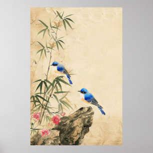 Affiche vintage japonaise de fleurs et d'oiseaux