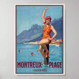 Affiche vintage Montreux Plage Suisse vers 1920