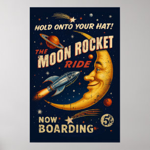 Affiche vintage Moon Rocket Ride - rétro science-f