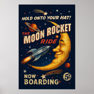 Affiche vintage Moon Rocket Ride - rétro science-f