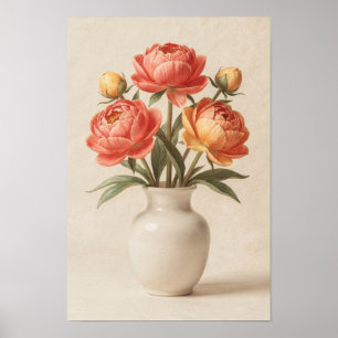 Affiches de pivoines corail dans un vase en ivoire