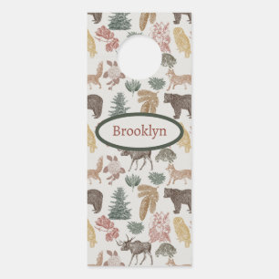 Affichette De Porte Bois - Ours rustique, renards et hibou