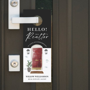 Affichette De Porte Bonjour ! Agent immobilier Aquarelle rouge Porte a