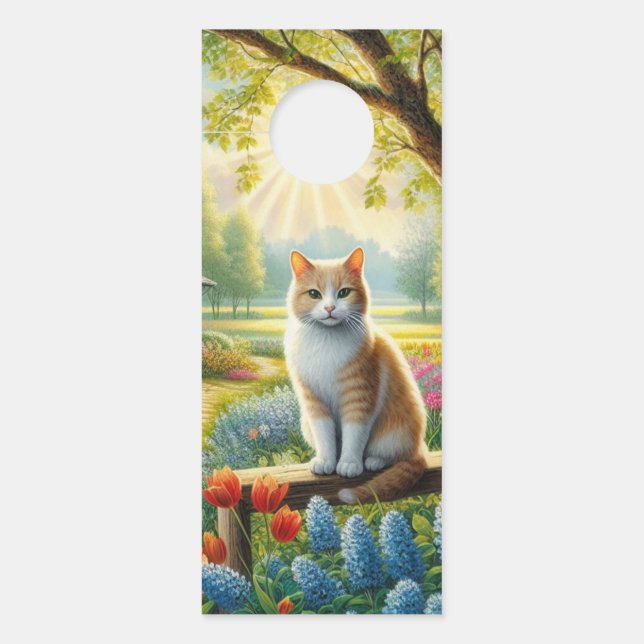 Affichette De Porte Chalet de printemps/jardin & chat (Devant)