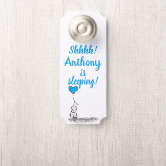 Affichette De Porte Eléphant Cute Avec Balloon Bleu Bébé Dort