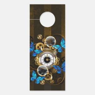 Affichette De Porte Engrenages à vapeur et papillons bleus