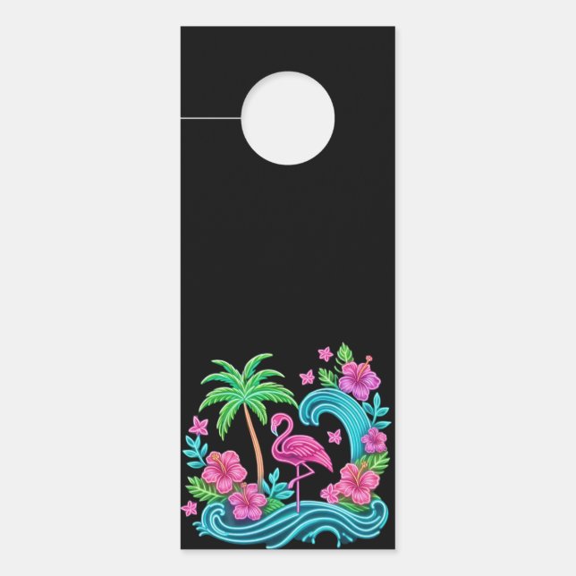 Affichette De Porte Flamant rose de néon tropical (Devant)