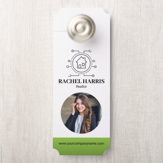 Affichette De Porte Green Modern Real Estate Agent Photo (Sur le bouton)