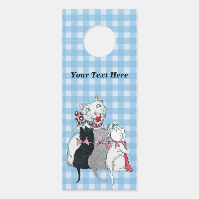 Affichette De Porte Happy Mère Chat Trois Cute Kittens Bleu Plaid (Devant)