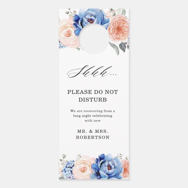 Affichette De Porte Mariage floral rose bleu marine (Devant)