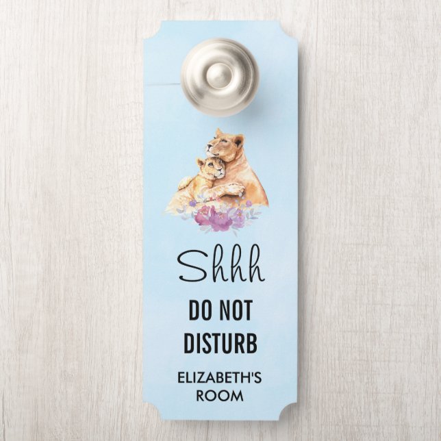 Affichette De Porte Ne pas déranger Cute Aquarelle Mère Lion & Cub (Sur le bouton)