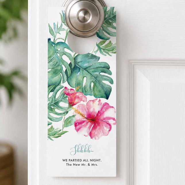Affichette De Porte Ne Pas Déranger Tropical (Do not disturb door hanger designed with watercolor pink hibiscus flowers and monstera leaves.)