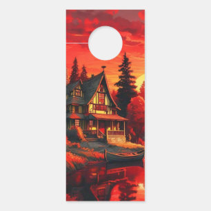 Affichette De Porte Peinture coucher de soleil avec chalet et lac-6663