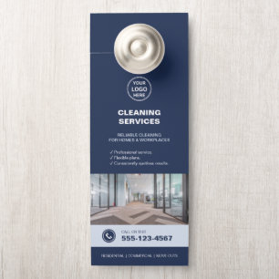 Affichette De Porte Services de nettoyage bleus modernes avec QR