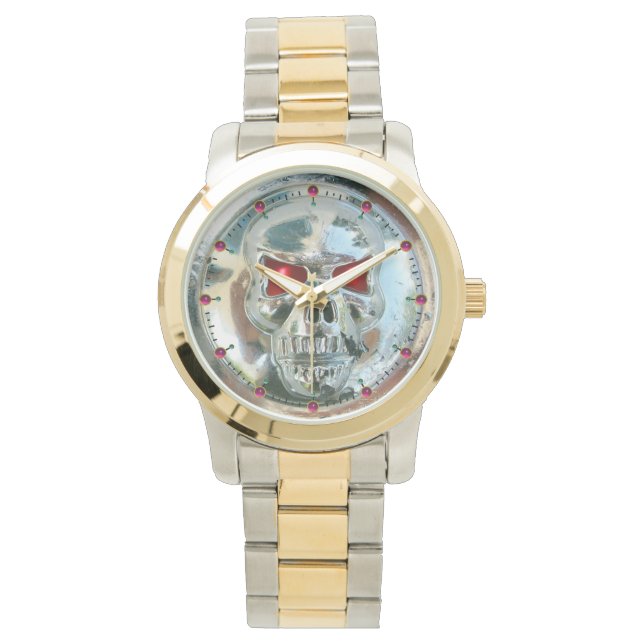 AFGEDRUKTE CHROOM SKULL Red Ruby Pareltjes Horloge (Voorkant)