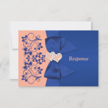 AFGEDRUKTE RIBBON Blue Peach Floral Wedding RSVP K