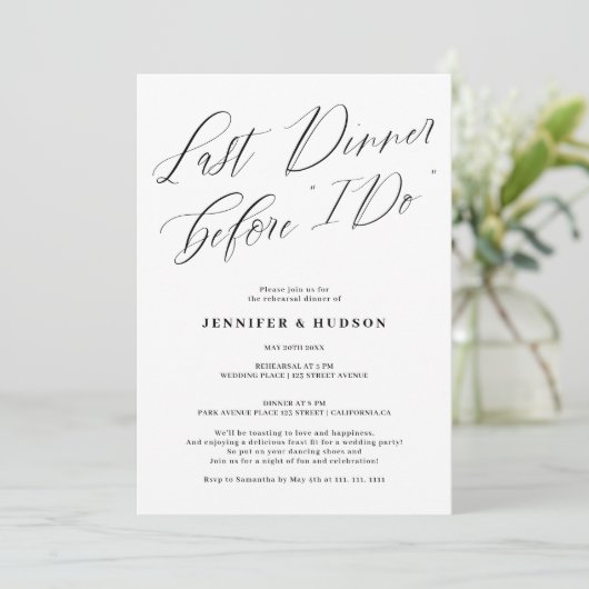 Afgelopen diner zwarte witte trouwrepetitie diner kaart (Staand voorkant)