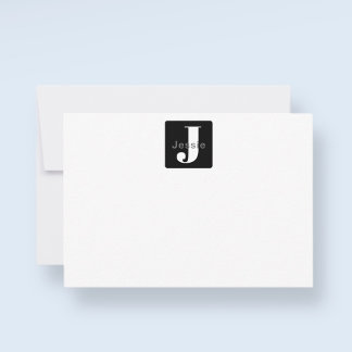 Afgeronde doosnaam & Monogram | Zwart Wit & Grijs Bedankkaart