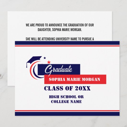 Afgestudeerd blauw rood wit afstudeeraankondiging kaart (Voorkant / Achterkant)