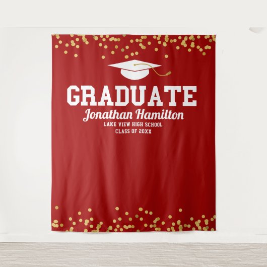 Afgestudeerd Rood Goud Afstudeerfeest Achtergrond Wandkleed (Voorkant)