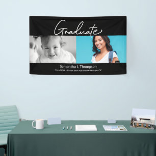 Afgestudeerd toen en nu babyfoto en afstudeerfoto spandoek