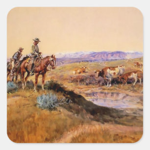 “Afgetuigd” Westerse kunst van Charles M Russell Vierkante Sticker