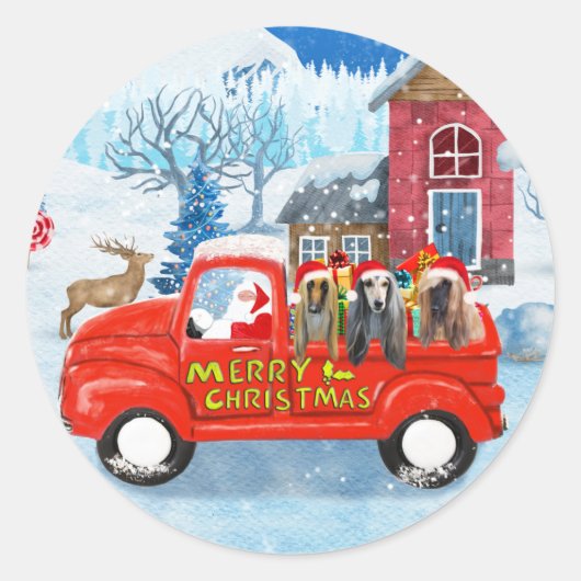 Afghaanse honden hond bij kerstbezorging vrachtwag ronde sticker (Voorkant)