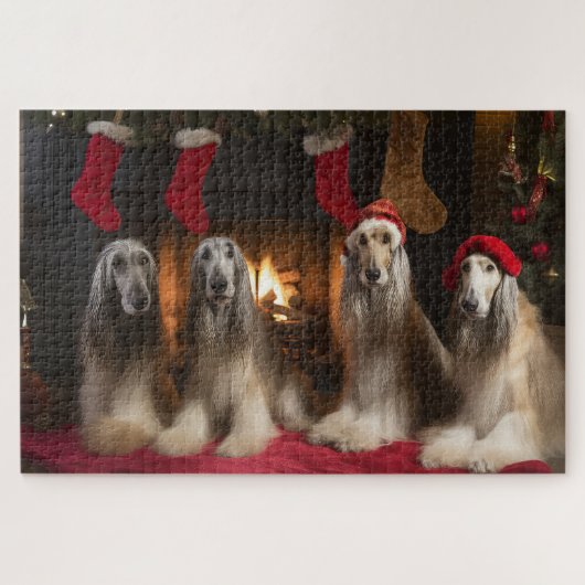 Afghaanse windhond bij de open haard Kerstmis Legpuzzel (Horizontaal)