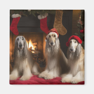 Afghaanse windhond bij de open haard Kerstmis Magneet
