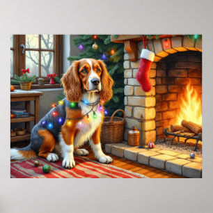 Afghaanse windhond bij de open haard met kerstverl poster