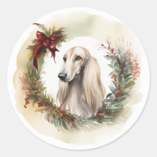 Afghaanse Windhond Kerst Krans Festieve Pup Ronde Sticker