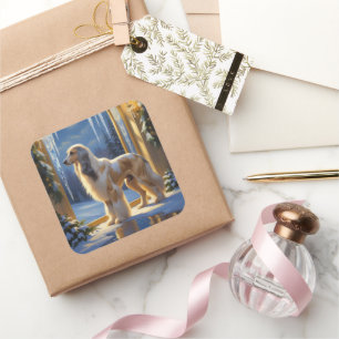 Afghaanse windhond met kerstlichtjes vakantie vierkante sticker