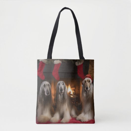 Afghan Hound bij de open haard Kerstmis Draagtas (Voorkant)