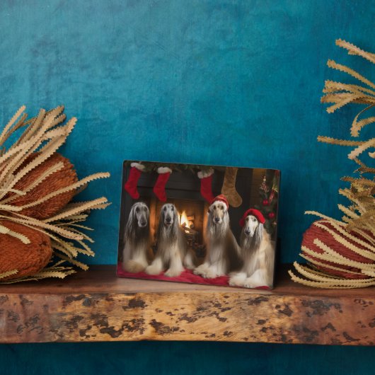 Afghan Hound bij de open haard Kerstmis Fotoplaat (Zijkant)