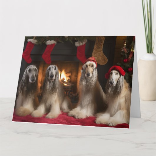 Afghan Hound bij de open haard Kerstmis Kaart (Voorkant)