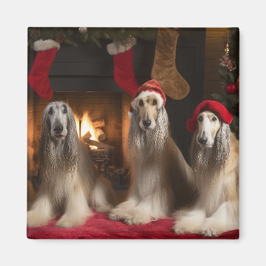 Afghan Hound bij de open haard Kerstmis Magneet (Voorkant)