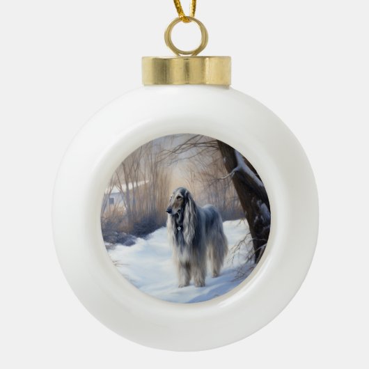 Afghan Hound Laat Het Sneeuw Kerstmis Keramische Bal Ornament (Voorkant)